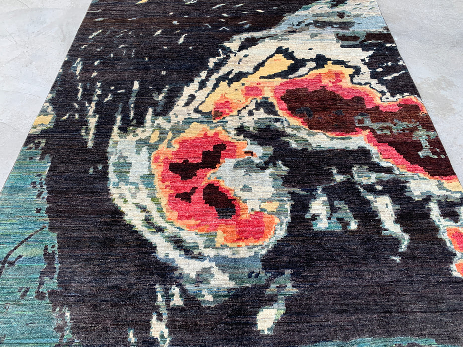 292 x 196 cm handgeknoopt Pesjwari Chobi wollen vloerkleed - Modern abstract blauwgroen zwart vloerkleed - KBHM-531