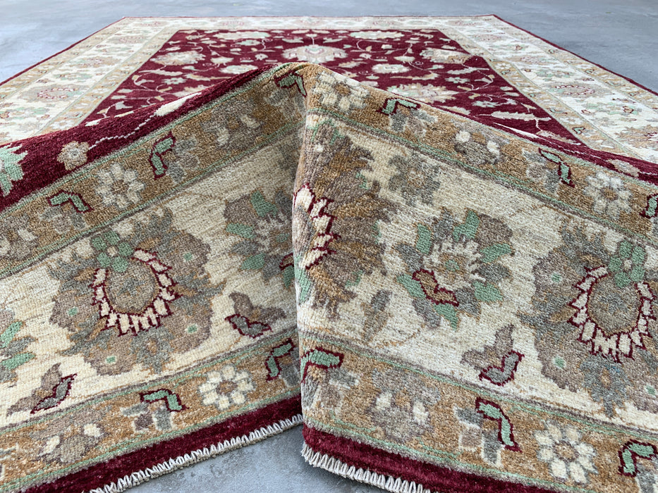 9'9 x 6'8 handgeknoopt Peshawari Chobi wollen tapijt - Rood traditioneel bloemenkleed - KBHM-532