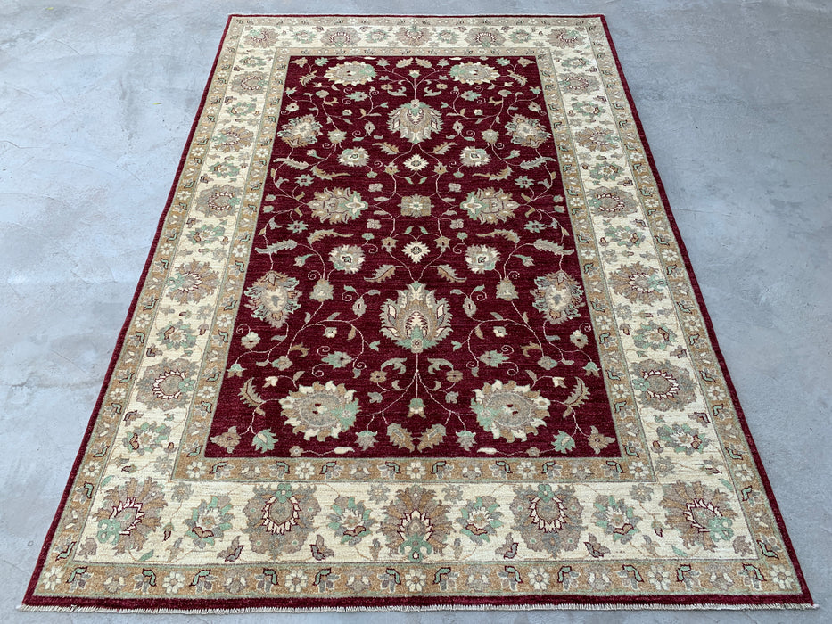 9'9 x 6'8 handgeknoopt Peshawari Chobi wollen tapijt - Rood traditioneel bloemenkleed - KBHM-532