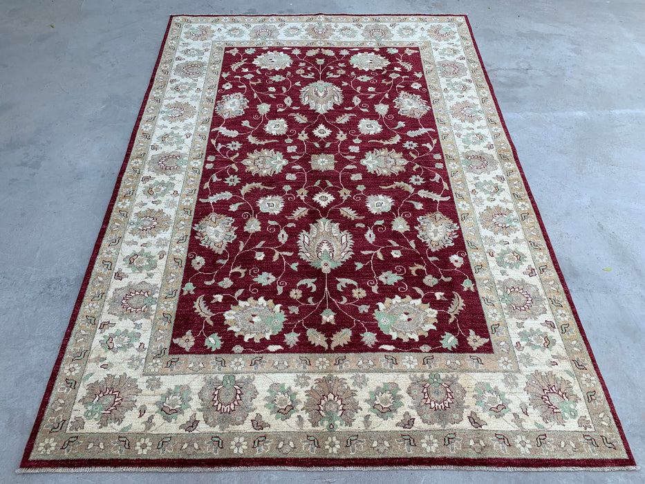 9'9 x 6'8 handgeknoopt Peshawari Chobi wollen tapijt - Rood traditioneel bloemenkleed - KBHM-532