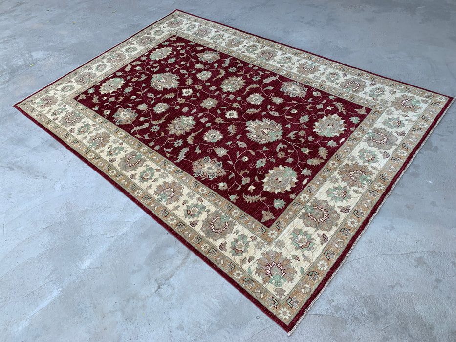 9'9 x 6'8 handgeknoopt Peshawari Chobi wollen tapijt - Rood traditioneel bloemenkleed - KBHM-532