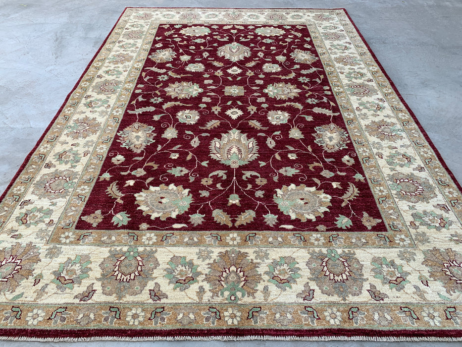 9'9 x 6'8 handgeknoopt Peshawari Chobi wollen tapijt - Rood traditioneel bloemenkleed - KBHM-532
