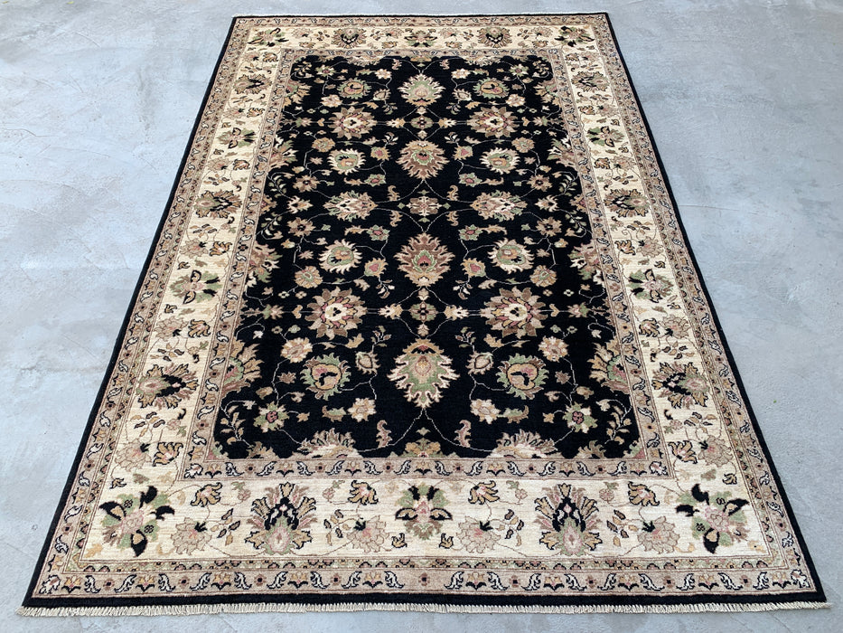 9'8 x 6'7 Hand-Knotted Peshawari Chobi Wool Rug - Black Traditional Floral Area Rug - KBHM-533