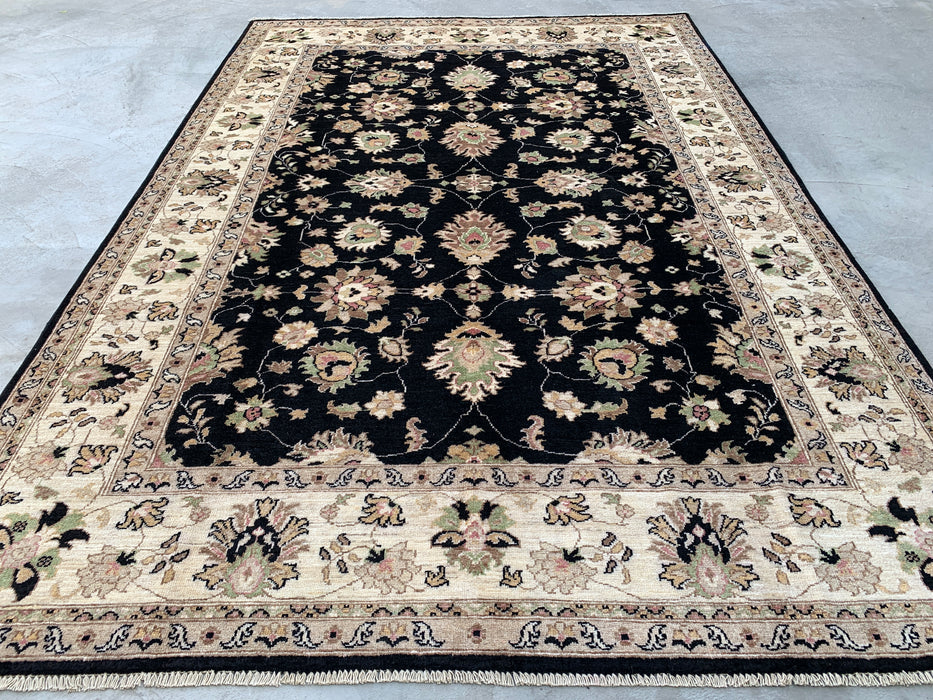 9'8 x 6'7 Hand-Knotted Peshawari Chobi Wool Rug - Black Traditional Floral Area Rug - KBHM-533