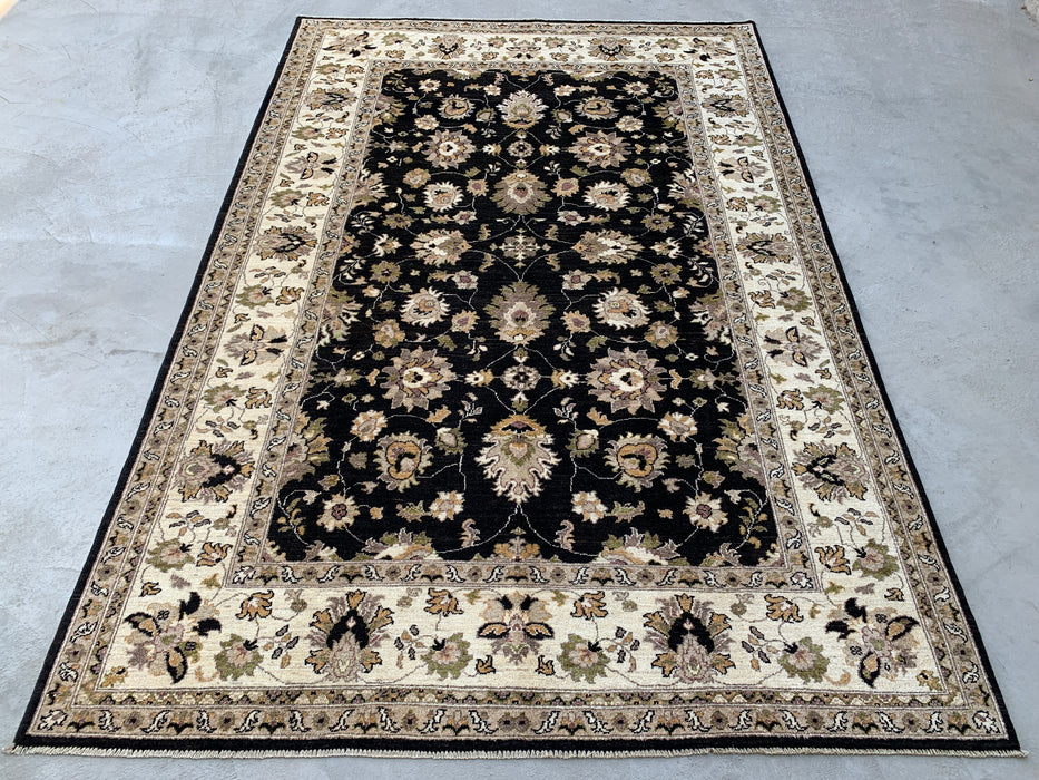 299 x 198 cm Handgeknoopt Peshawari Chobi Wollen Tapijt - Zwart Traditioneel Bloemrijk Vloerkleed - KBHM-535