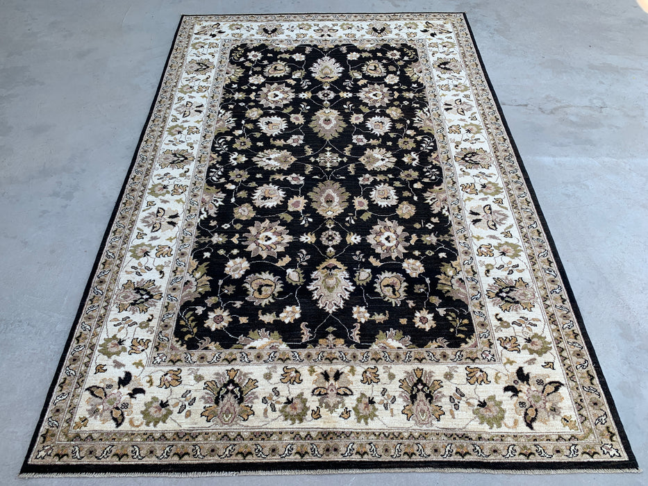 299 x 198 cm Handgeknoopt Peshawari Chobi Wollen Tapijt - Zwart Traditioneel Bloemrijk Vloerkleed - KBHM-535