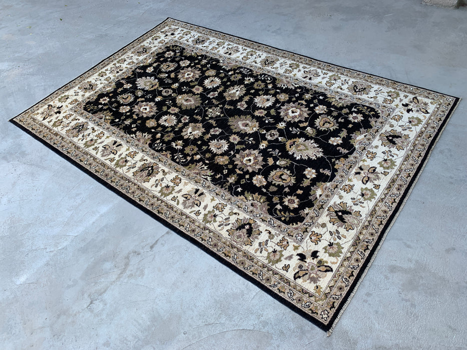 299 x 198 cm Handgeknoopt Peshawari Chobi Wollen Tapijt - Zwart Traditioneel Bloemrijk Vloerkleed - KBHM-535