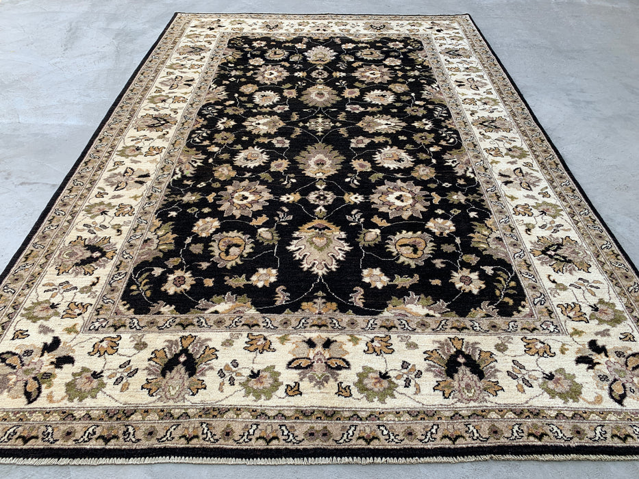 299 x 198 cm Handgeknoopt Peshawari Chobi Wollen Tapijt - Zwart Traditioneel Bloemrijk Vloerkleed - KBHM-535
