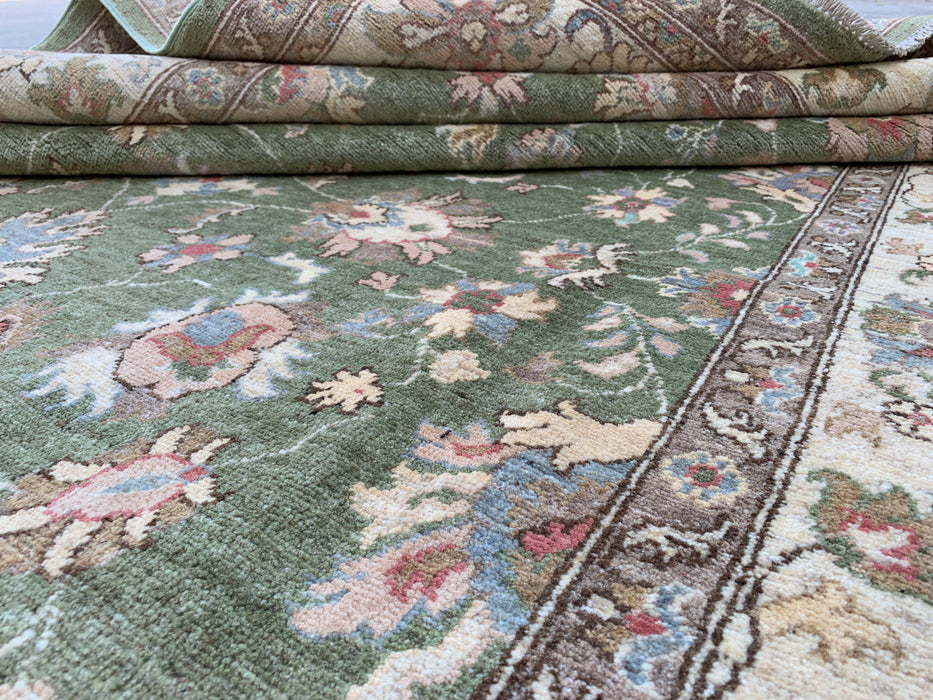 10'6 x 6'5 Hand-Knotted Peshawari Chobi Wool Rug - Green Traditional Floral Area Rug - KBHM-537