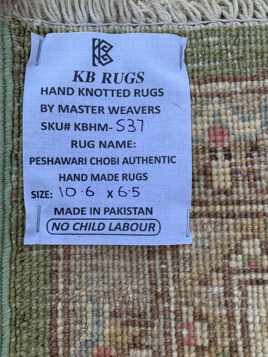 10'6 x 6'5 Hand-Knotted Peshawari Chobi Wool Rug - Green Traditional Floral Area Rug - KBHM-537