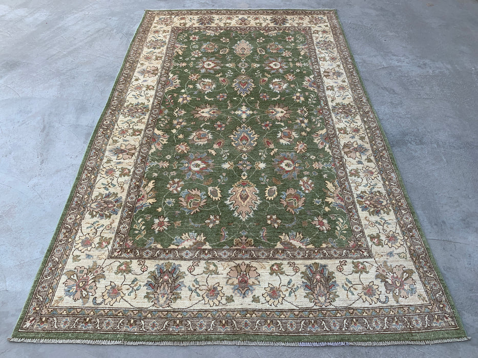 10'6 x 6'5 Hand-Knotted Peshawari Chobi Wool Rug - Green Traditional Floral Area Rug - KBHM-537
