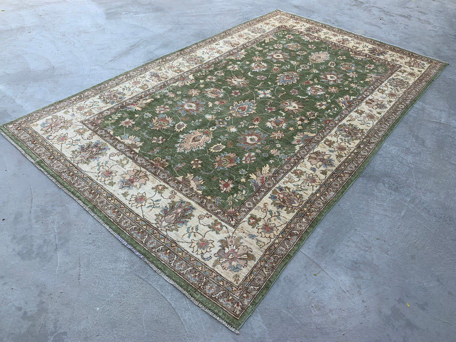 10'6 x 6'5 Hand-Knotted Peshawari Chobi Wool Rug - Green Traditional Floral Area Rug - KBHM-537