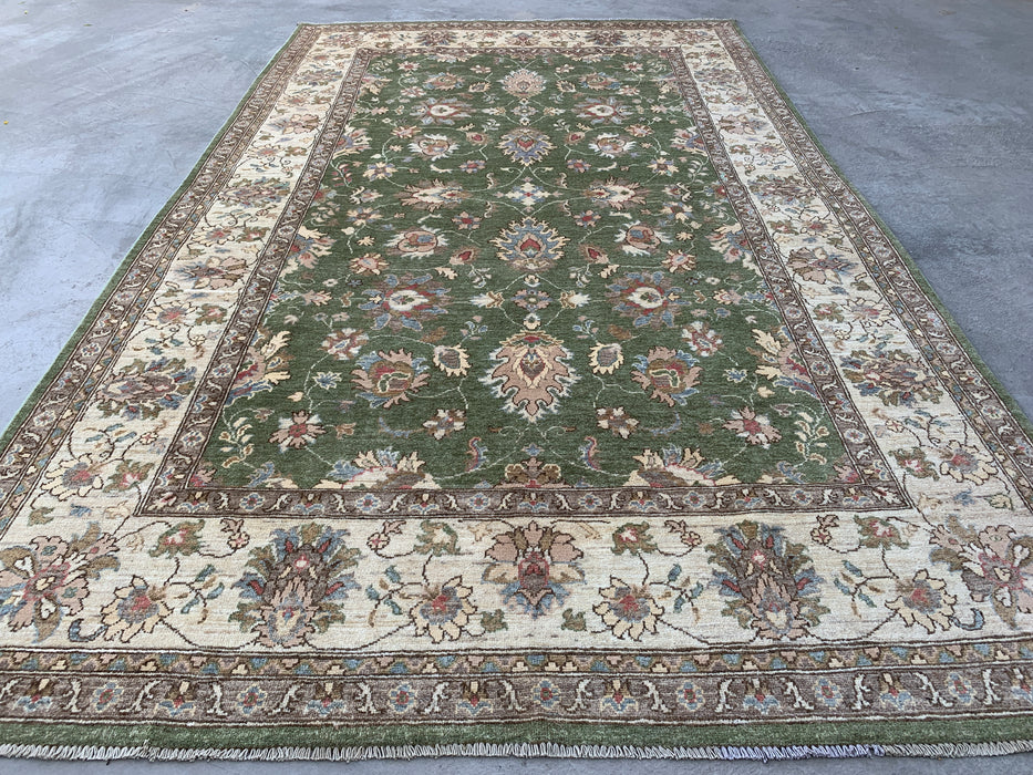 10'6 x 6'5 Hand-Knotted Peshawari Chobi Wool Rug - Green Traditional Floral Area Rug - KBHM-537