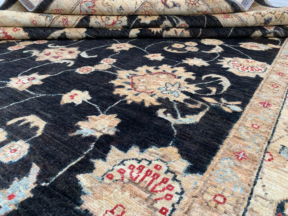 10'4 x 6'8 handgeknoopt Peshawari Chobi wollen tapijt - Zwart traditioneel bloemmotief karpet - KBHM-538