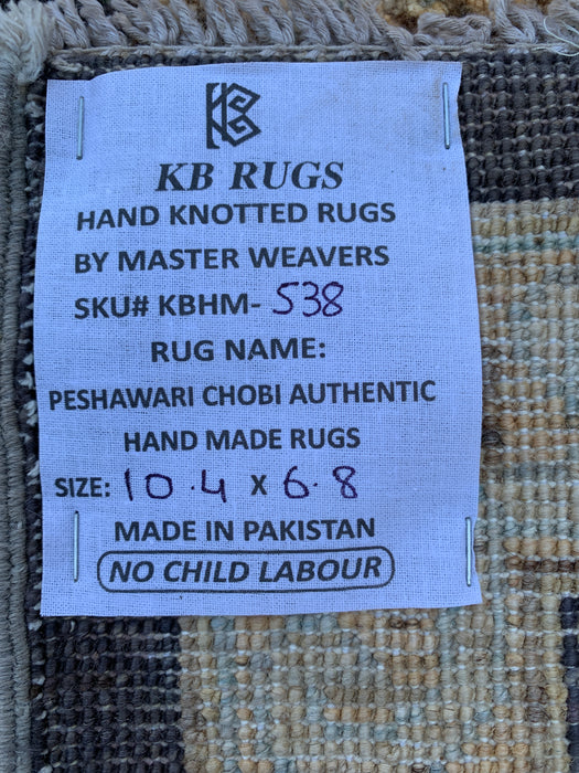10'4 x 6'8 handgeknoopt Peshawari Chobi wollen tapijt - Zwart traditioneel bloemmotief karpet - KBHM-538