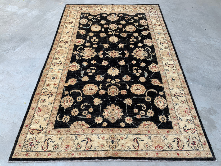 10'4 x 6'8 handgeknoopt Peshawari Chobi wollen tapijt - Zwart traditioneel bloemmotief karpet - KBHM-538