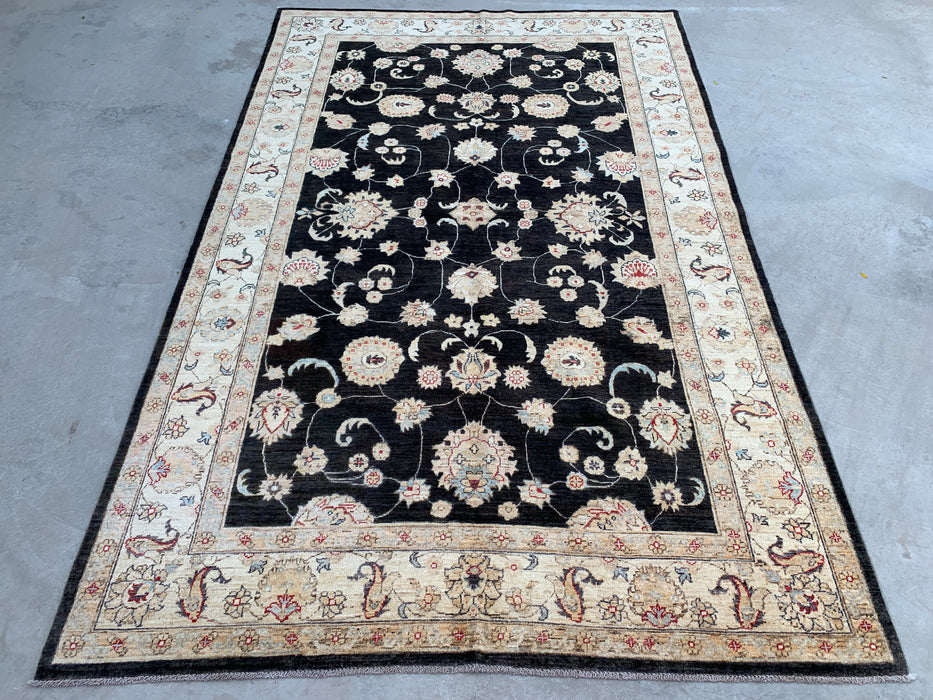 10'4 x 6'8 handgeknoopt Peshawari Chobi wollen tapijt - Zwart traditioneel bloemmotief karpet - KBHM-538