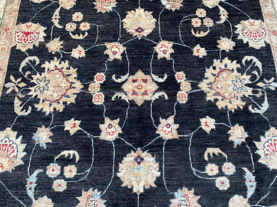 10'4 x 6'8 handgeknoopt Peshawari Chobi wollen tapijt - Zwart traditioneel bloemmotief karpet - KBHM-538