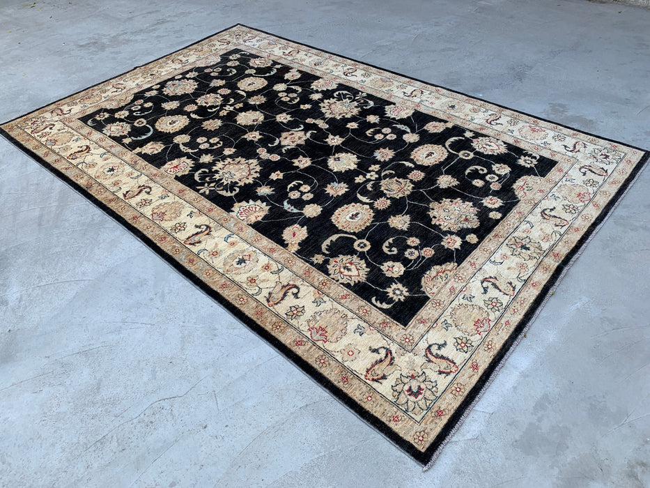 10'4 x 6'8 handgeknoopt Peshawari Chobi wollen tapijt - Zwart traditioneel bloemmotief karpet - KBHM-538
