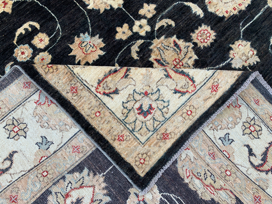 10'4 x 6'8 handgeknoopt Peshawari Chobi wollen tapijt - Zwart traditioneel bloemmotief karpet - KBHM-538