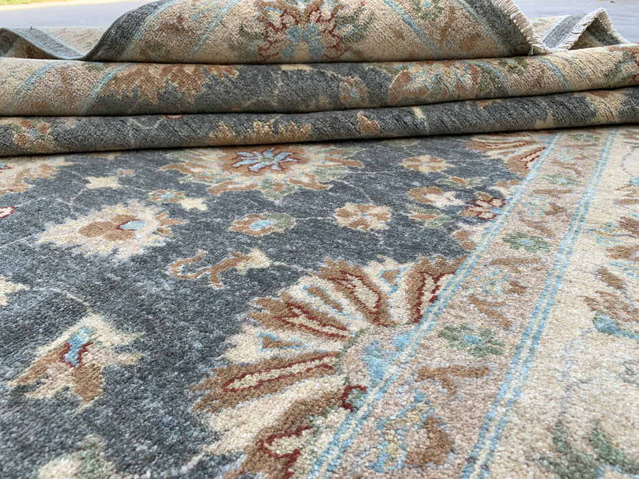 277 x 203 cm Handgeknoopt Peshawari Chobi Wollen Tapijt - Grijs Blauw Traditioneel Bloemmotief Vloerkleed - KBHM-539