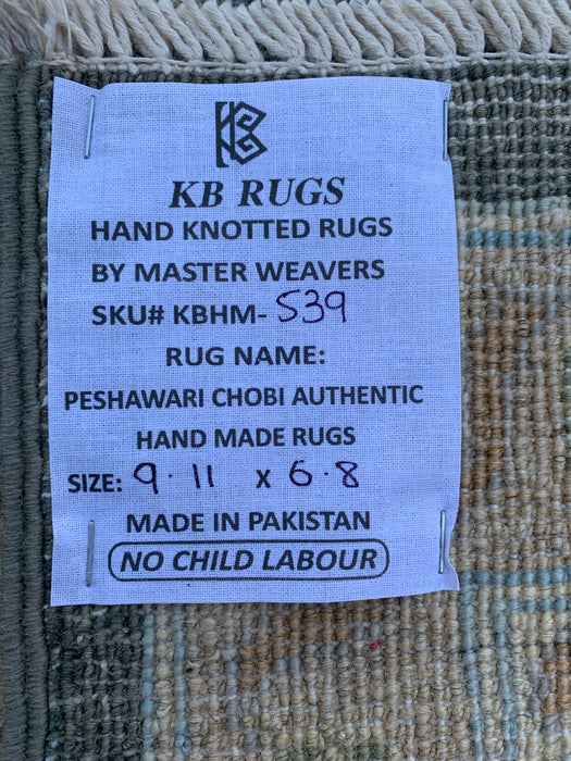 277 x 203 cm Handgeknoopt Peshawari Chobi Wollen Tapijt - Grijs Blauw Traditioneel Bloemmotief Vloerkleed - KBHM-539