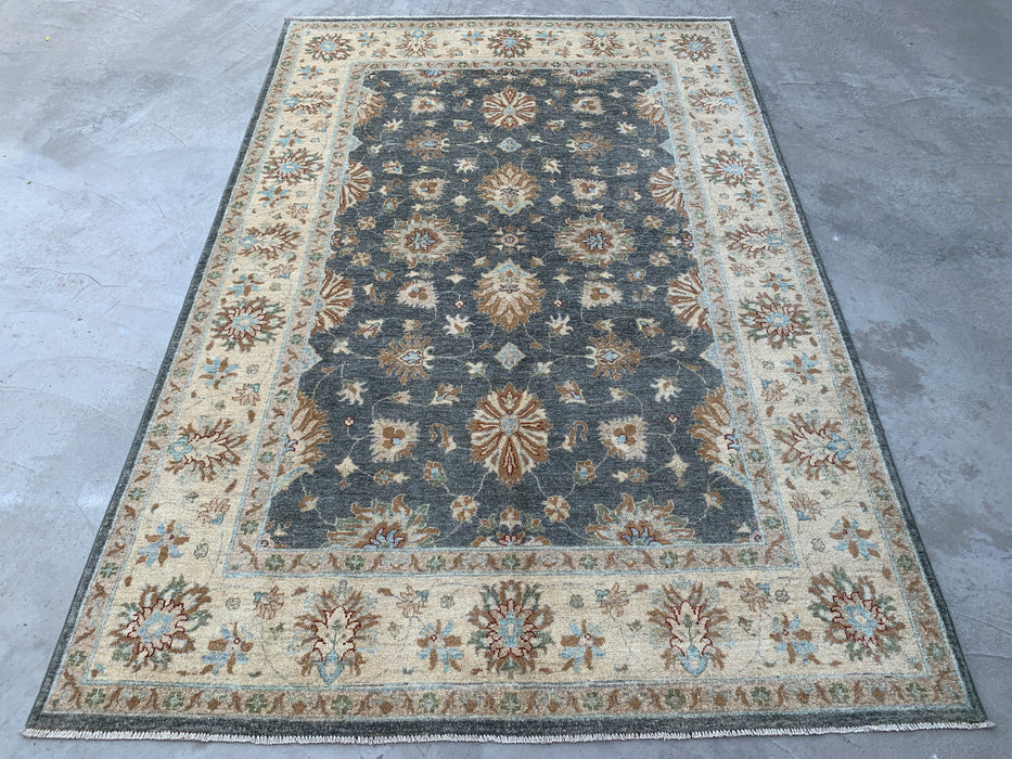 277 x 203 cm Handgeknoopt Peshawari Chobi Wollen Tapijt - Grijs Blauw Traditioneel Bloemmotief Vloerkleed - KBHM-539