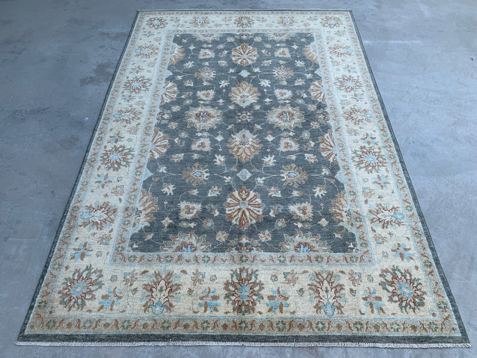 277 x 203 cm Handgeknoopt Peshawari Chobi Wollen Tapijt - Grijs Blauw Traditioneel Bloemmotief Vloerkleed - KBHM-539