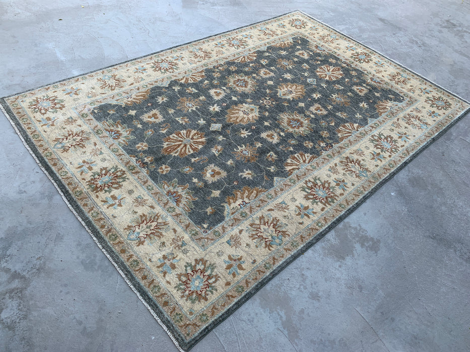 277 x 203 cm Handgeknoopt Peshawari Chobi Wollen Tapijt - Grijs Blauw Traditioneel Bloemmotief Vloerkleed - KBHM-539