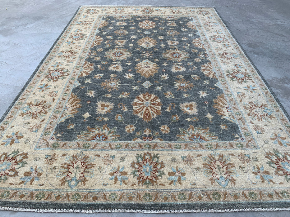 277 x 203 cm Handgeknoopt Peshawari Chobi Wollen Tapijt - Grijs Blauw Traditioneel Bloemmotief Vloerkleed - KBHM-539
