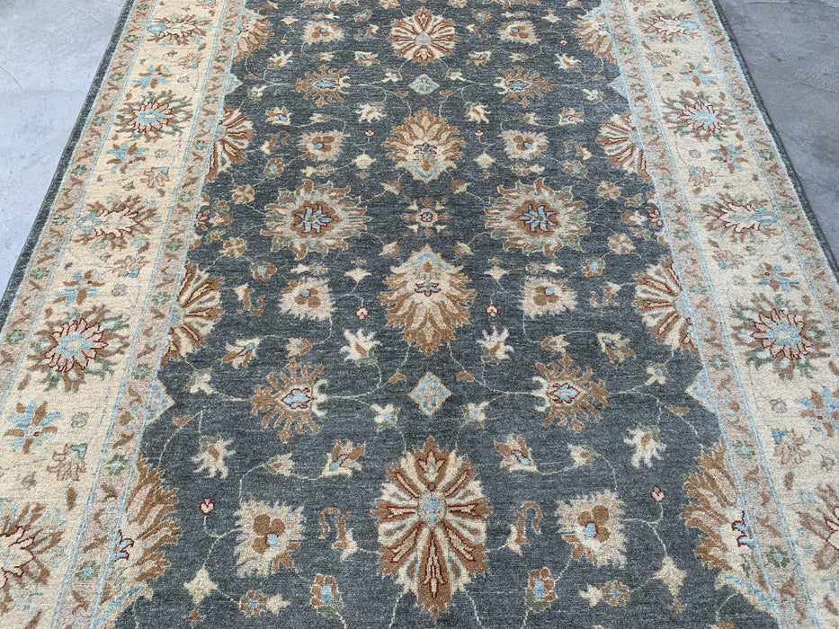277 x 203 cm Handgeknoopt Peshawari Chobi Wollen Tapijt - Grijs Blauw Traditioneel Bloemmotief Vloerkleed - KBHM-539