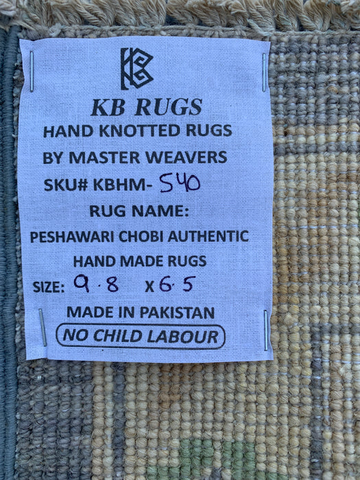 9'8 x 6'5 Handgeknoopt Peshawari Chobi wollen vloerkleed - Blauwgrijs traditioneel bloemrijk vloerkleed - KBHM-540
