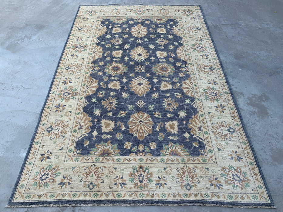9'8 x 6'5 Handgeknoopt Peshawari Chobi wollen vloerkleed - Blauwgrijs traditioneel bloemrijk vloerkleed - KBHM-540