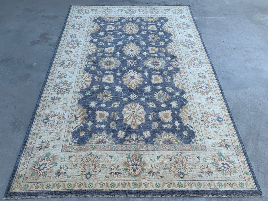 9'8 x 6'5 Handgeknoopt Peshawari Chobi wollen vloerkleed - Blauwgrijs traditioneel bloemrijk vloerkleed - KBHM-540