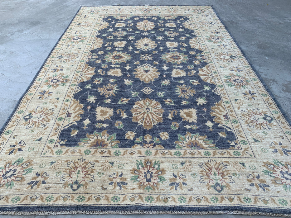 9'8 x 6'5 Handgeknoopt Peshawari Chobi wollen vloerkleed - Blauwgrijs traditioneel bloemrijk vloerkleed - KBHM-540