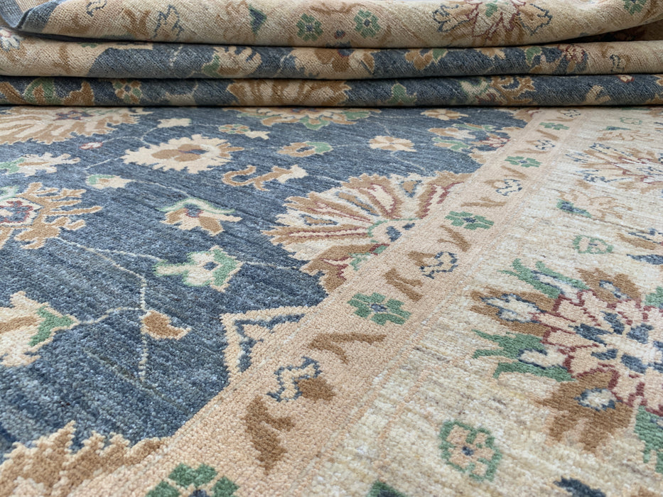 9'8 x 6'7 Handgeknoopt Peshawari Chobi wollen tapijt - Blauwgrijs traditioneel bloemenkleed - KBHM-541