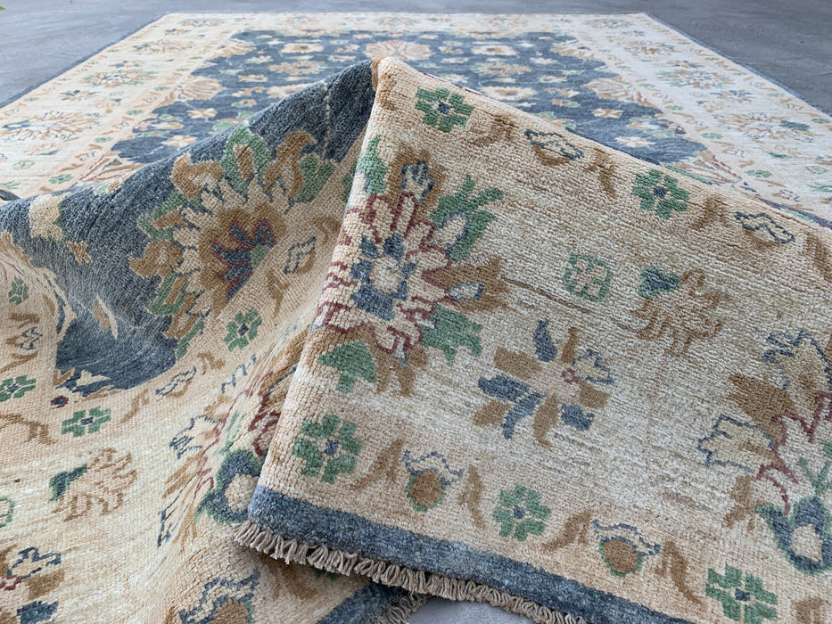 9'8 x 6'7 Handgeknoopt Peshawari Chobi wollen tapijt - Blauwgrijs traditioneel bloemenkleed - KBHM-541