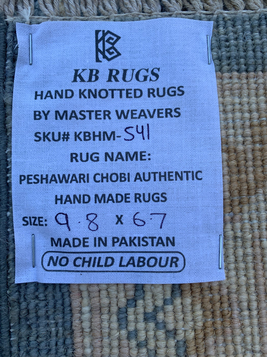 9'8 x 6'7 Handgeknoopt Peshawari Chobi wollen tapijt - Blauwgrijs traditioneel bloemenkleed - KBHM-541