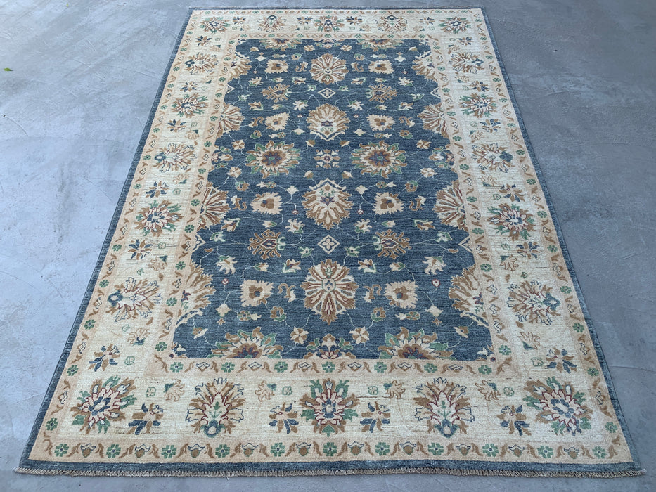 9'8 x 6'7 Handgeknoopt Peshawari Chobi wollen tapijt - Blauwgrijs traditioneel bloemenkleed - KBHM-541