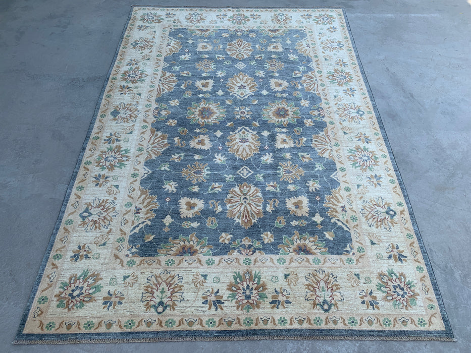 9'8 x 6'7 Handgeknoopt Peshawari Chobi wollen tapijt - Blauwgrijs traditioneel bloemenkleed - KBHM-541