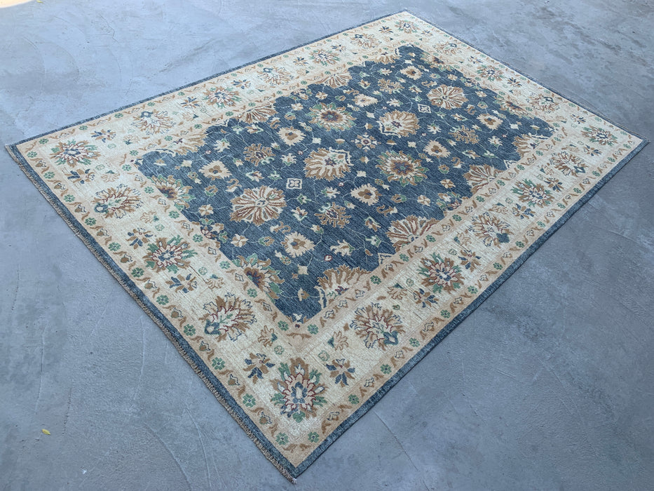 9'8 x 6'7 Handgeknoopt Peshawari Chobi wollen tapijt - Blauwgrijs traditioneel bloemenkleed - KBHM-541