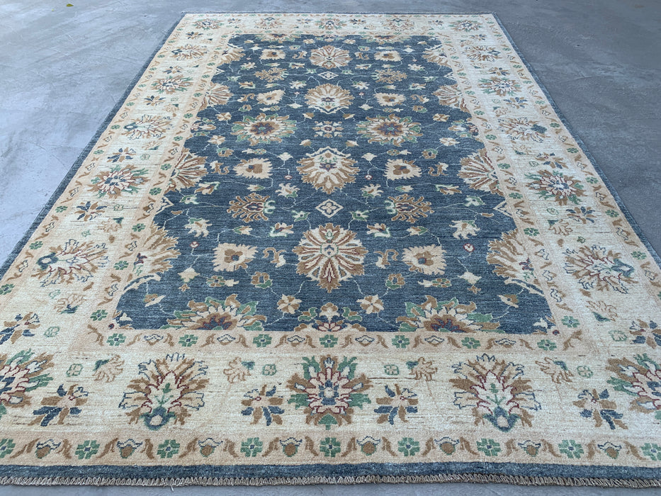 9'8 x 6'7 Handgeknoopt Peshawari Chobi wollen tapijt - Blauwgrijs traditioneel bloemenkleed - KBHM-541