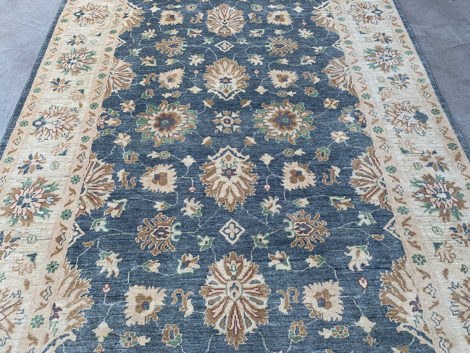 9'8 x 6'7 Handgeknoopt Peshawari Chobi wollen tapijt - Blauwgrijs traditioneel bloemenkleed - KBHM-541