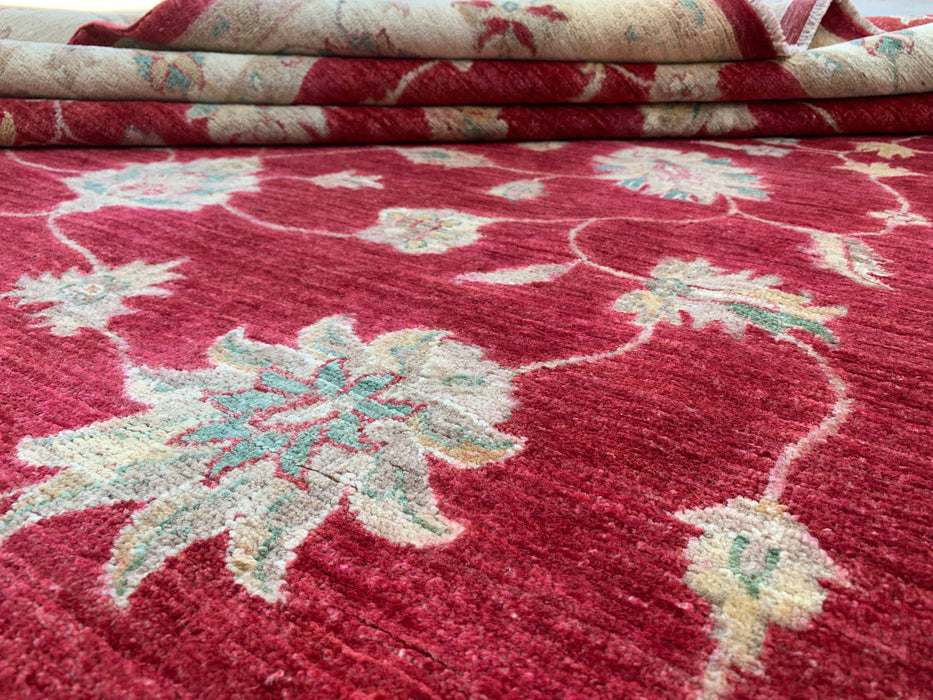 8'4 x 6'4 handgeknoopt Peshawari Chobi wollen tapijt - Rood traditioneel bloemmotief karpet - KBHM-542