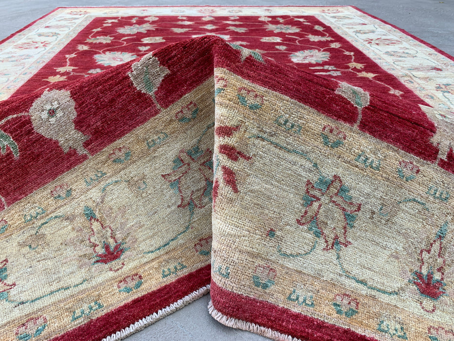 8'4 x 6'4 handgeknoopt Peshawari Chobi wollen tapijt - Rood traditioneel bloemmotief karpet - KBHM-542