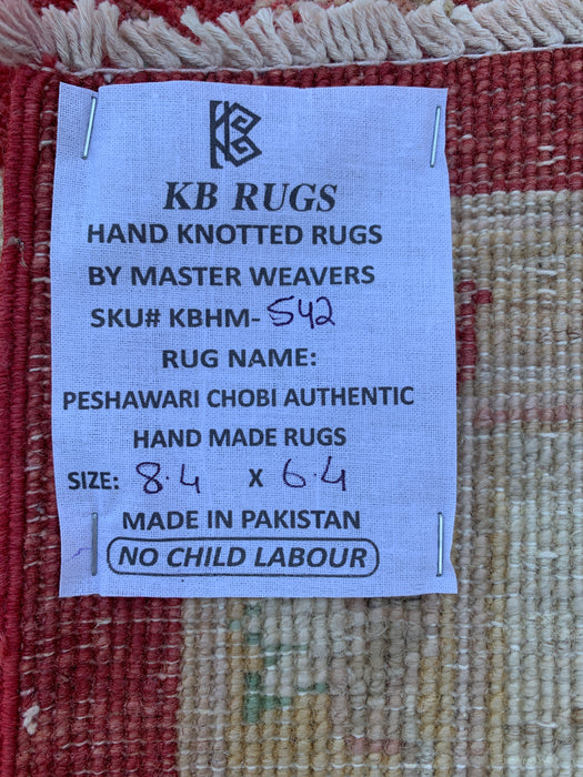 8'4 x 6'4 handgeknoopt Peshawari Chobi wollen tapijt - Rood traditioneel bloemmotief karpet - KBHM-542