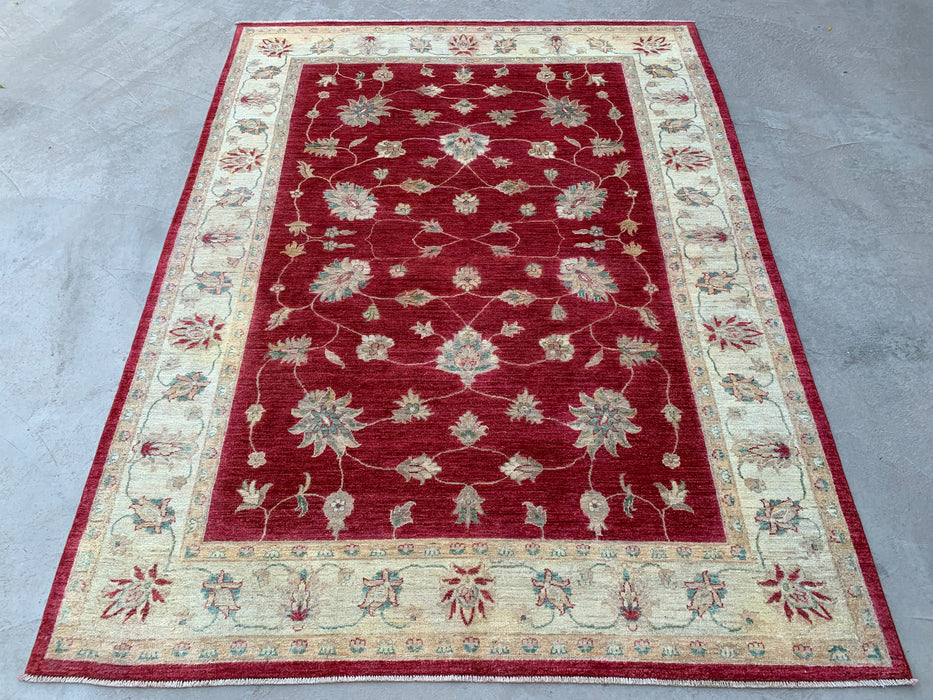 8'4 x 6'4 handgeknoopt Peshawari Chobi wollen tapijt - Rood traditioneel bloemmotief karpet - KBHM-542