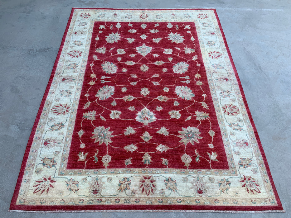 8'4 x 6'4 handgeknoopt Peshawari Chobi wollen tapijt - Rood traditioneel bloemmotief karpet - KBHM-542