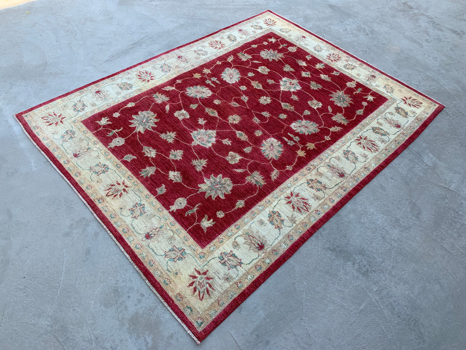8'4 x 6'4 handgeknoopt Peshawari Chobi wollen tapijt - Rood traditioneel bloemmotief karpet - KBHM-542
