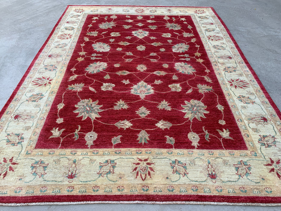 8'4 x 6'4 handgeknoopt Peshawari Chobi wollen tapijt - Rood traditioneel bloemmotief karpet - KBHM-542